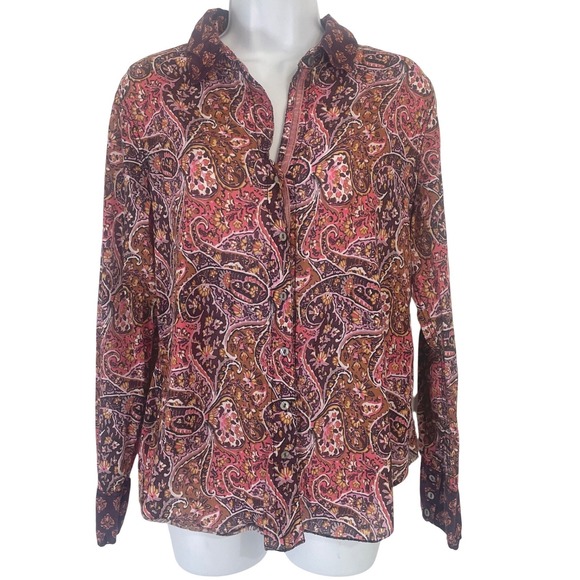 Cino Tops - Cino Womens Button Down Shirt Paisley Crinkle Cotton S Pink Brown Boho Festival
